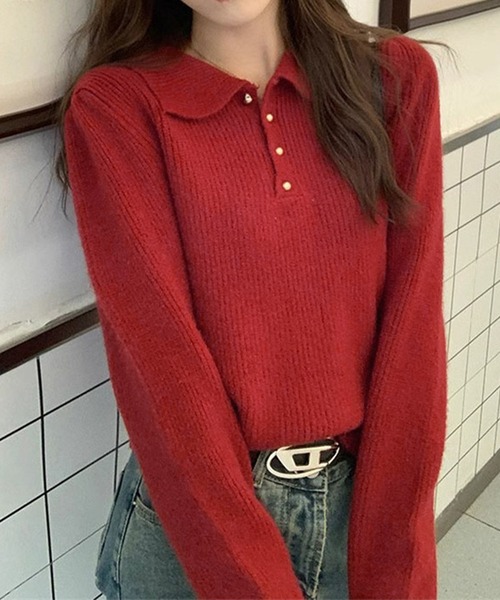 IRADOWL（アイラドール）の「ゴールドぷっくり丸ボタンリブニットセーター（ニット/セーター・レディース・ブラック/キャメル/アイボリー/レッド/グレー・FREE）」の8枚目の写真