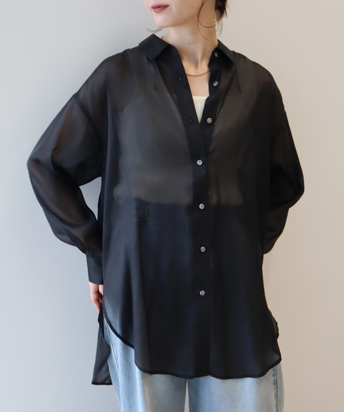 earth music&ecology（アースミュージックアンドエコロジー）の「【WEB限定】シアーシャツ（シャツ/ブラウス・レディース・ブルー/ストライプ/オフホワイト/ブラック・FREE）」の9枚目の写真