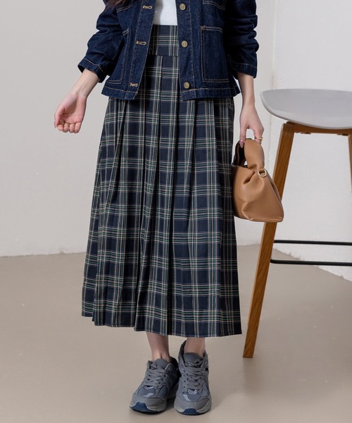 DAY CLOSET（デイ クローゼット）の「【大きいサイズ有/ハイウエスト/裏地付き/消しプリーツ/ロング丈】クラシカルチェック柄フレアスカート レディース（スカート・レディース・ネイビー/ブラック・L/S/M）」の10枚目の写真
