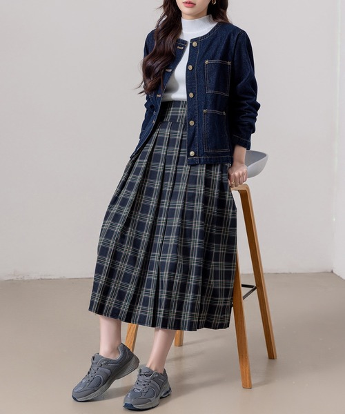 DAY CLOSET（デイ クローゼット）の「【大きいサイズ有/ハイウエスト/裏地付き/消しプリーツ/ロング丈】クラシカルチェック柄フレアスカート レディース（スカート・レディース・ネイビー/ブラック・L/S/M）」の7枚目の写真