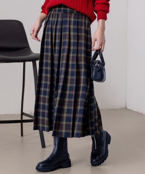 DAY CLOSET（デイ クローゼット）の「【大きいサイズ有/ハイウエスト/裏地付き/消しプリーツ/ロング丈】クラシカルチェック柄フレアスカート レディース（スカート・レディース・ネイビー/ブラック・L/S/M）」の5枚目の写真