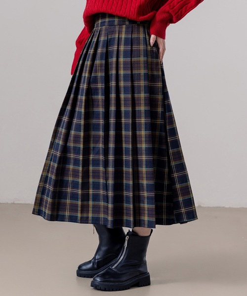DAY CLOSET（デイ クローゼット）の「【大きいサイズ有/ハイウエスト/裏地付き/消しプリーツ/ロング丈】クラシカルチェック柄フレアスカート レディース（スカート・レディース・ネイビー/ブラック・L/S/M）」の4枚目の写真