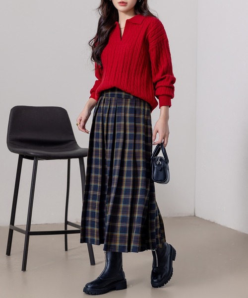 DAY CLOSET（デイ クローゼット）の「【大きいサイズ有/ハイウエスト/裏地付き/消しプリーツ/ロング丈】クラシカルチェック柄フレアスカート レディース（スカート・レディース・ネイビー/ブラック・L/S/M）」の21枚目の写真