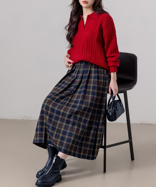 DAY CLOSET（デイ クローゼット）の「【大きいサイズ有/ハイウエスト/裏地付き/消しプリーツ/ロング丈】クラシカルチェック柄フレアスカート レディース（スカート・レディース・ネイビー/ブラック・L/S/M）」の19枚目の写真
