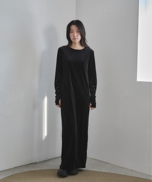 AD2005 archive ウールモヘアロングリボンワンピース 黒 ベロア ベロアワンピース 長袖 黒ワンピ[品番：JSFW0014238]｜JS