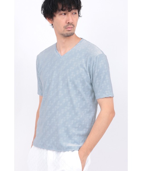HIGH STREET∴バイヤス千鳥パイルジャカードVネック半袖カットソー セール】HIGH STREET∴バイヤス千鳥パイルジャカードVネック半袖