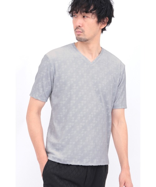 HIGH STREET(ハイストリート)の「HIGH STREET∴バイヤス千鳥パイルジャカードVネック半袖カットソー(Tシャツ/カットソー・メンズ・グレー/ブルー系2/ホワイト・M/LL/L)」の2枚目の写真