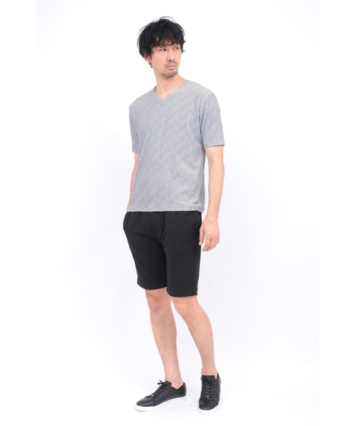 HIGH STREET∴バイヤス千鳥パイルジャカードVネック半袖カットソー HIGH STREET∴バイヤス千鳥パイルジャカードVネック半袖