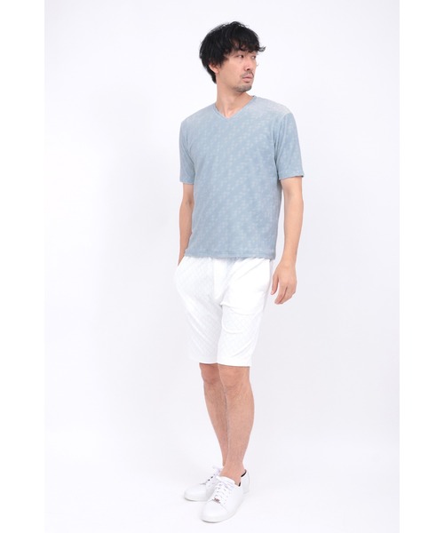 HIGH STREET(ハイストリート)の「HIGH STREET∴バイヤス千鳥パイルジャカードVネック半袖カットソー(Tシャツ/カットソー・メンズ・グレー/ブルー系2/ホワイト・M/LL/L)」の14枚目の写真