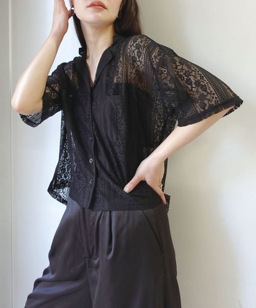 黒 レース 半袖シャツ LUXSTYLE シャツ フラワーレース開襟半袖シアーシャツ メンズ