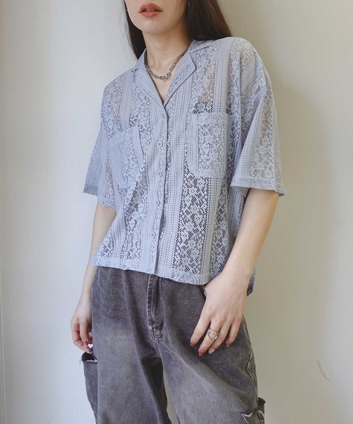 OHGA◆半袖ブラウス/FREE/コットン/PNK/無地/ohga-1055-3 セール】レースオープンカラー半袖シャツ（シャツ/ブラウス