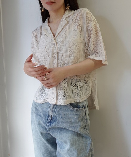 セール】レースオープンカラー半袖シャツ（シャツ/ブラウス
