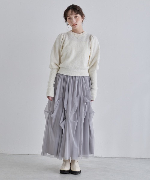 ECLAM(クラム)の「タックデザインチュールスカート(スカート・レディース・ブラック/オフホワイト/グレー・M)」の14枚目の写真