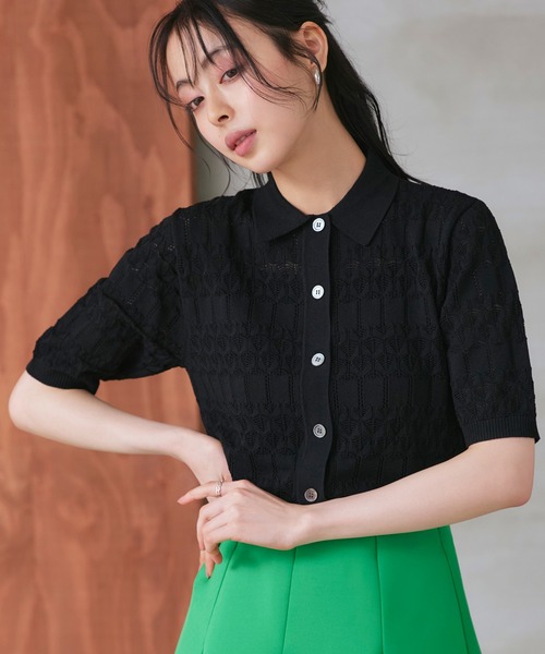 洗える ストレッチ ｜ 透かし編み ニット ポロ ｜ レディース おしゃれ