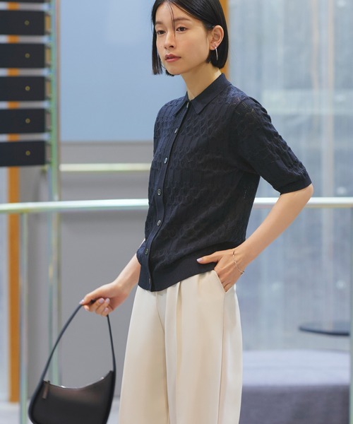 洗える ストレッチ ｜ 透かし編み ニット ポロ ｜ レディース