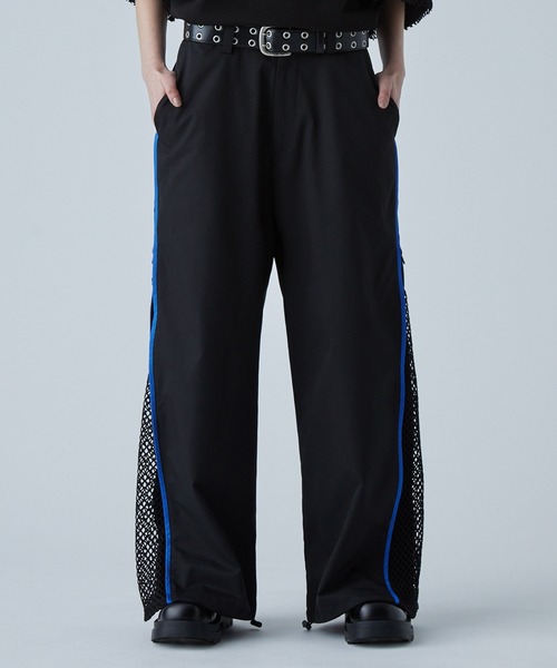 VELNUS】Side zip bicolor design mesh loose nylon track pants
