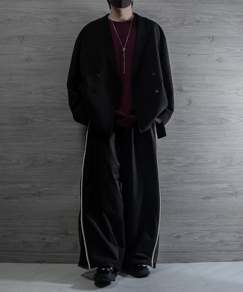VELNUS】Side zip bicolor design mesh loose nylon track pants