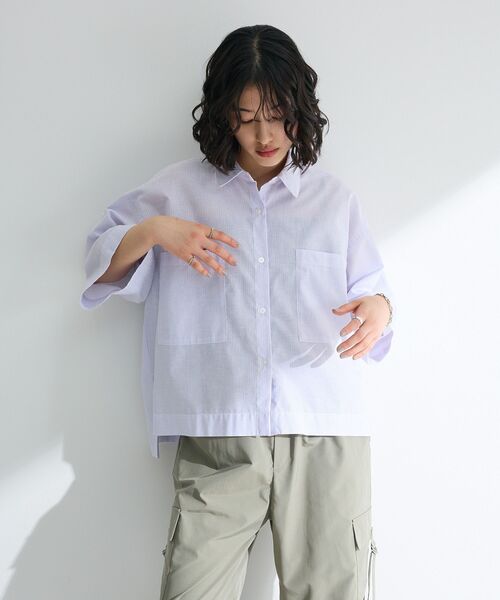 Green　Parks（グリーンパークス）の「綿麻混５分袖ターンバックシャツ（シャツ/ブラウス・レディース・オレンジ/グリーン/ラベンダー/サックスブルー/オフホワイト・FREE）」の16枚目の写真