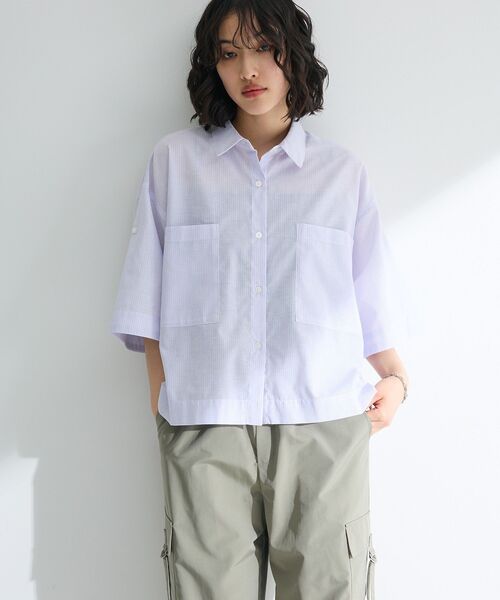 Green　Parks（グリーンパークス）の「綿麻混５分袖ターンバックシャツ（シャツ/ブラウス・レディース・オレンジ/グリーン/ラベンダー/サックスブルー/オフホワイト・FREE）」の17枚目の写真