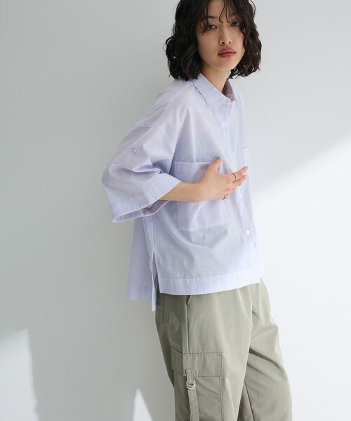 Green　Parks（グリーンパークス）の「綿麻混５分袖ターンバックシャツ（シャツ/ブラウス・レディース・オレンジ/グリーン/ラベンダー/サックスブルー/オフホワイト・FREE）」の18枚目の写真