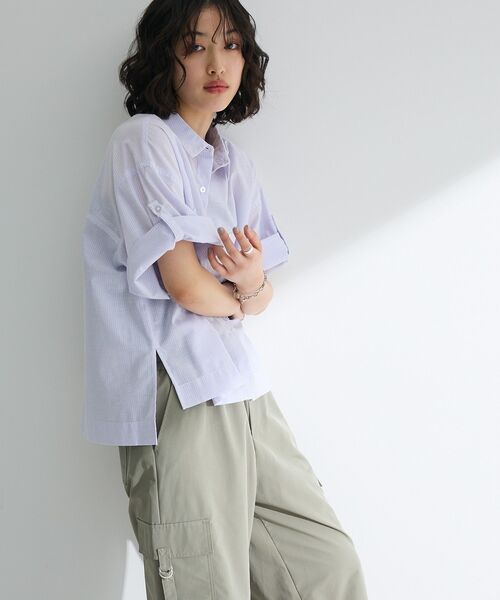 Green　Parks（グリーンパークス）の「綿麻混５分袖ターンバックシャツ（シャツ/ブラウス・レディース・オレンジ/グリーン/ラベンダー/サックスブルー/オフホワイト・FREE）」の19枚目の写真