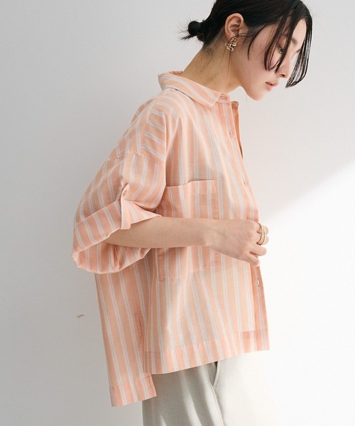 Green　Parks（グリーンパークス）の「綿麻混５分袖ターンバックシャツ（シャツ/ブラウス・レディース・オレンジ/グリーン/ラベンダー/サックスブルー/オフホワイト・FREE）」の5枚目の写真