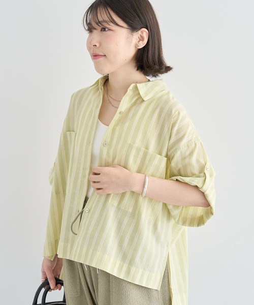 Green　Parks（グリーンパークス）の「綿麻混５分袖ターンバックシャツ（シャツ/ブラウス・レディース・オレンジ/グリーン/ラベンダー/サックスブルー/オフホワイト・FREE）」の2枚目の写真