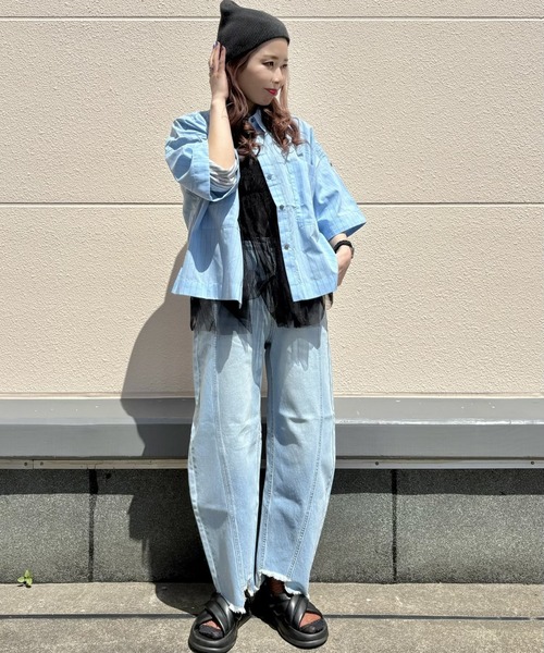 Green　Parks（グリーンパークス）の「綿麻混５分袖ターンバックシャツ（シャツ/ブラウス・レディース・オレンジ/グリーン/ラベンダー/サックスブルー/オフホワイト・FREE）」の7枚目の写真