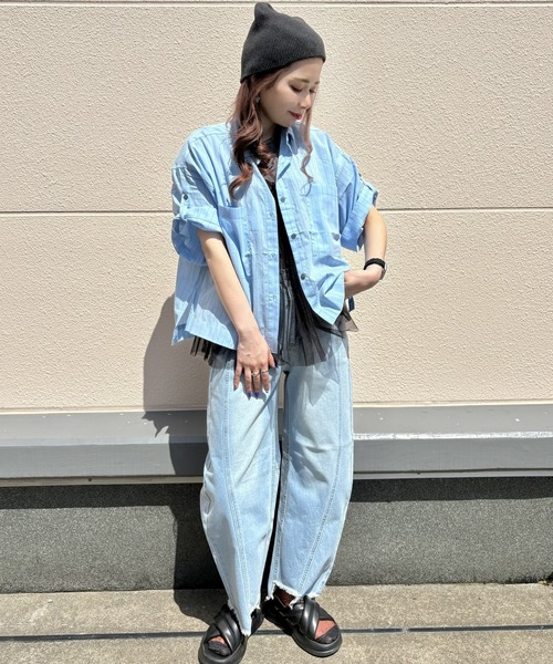 Green　Parks（グリーンパークス）の「綿麻混５分袖ターンバックシャツ（シャツ/ブラウス・レディース・オレンジ/グリーン/ラベンダー/サックスブルー/オフホワイト・FREE）」の6枚目の写真