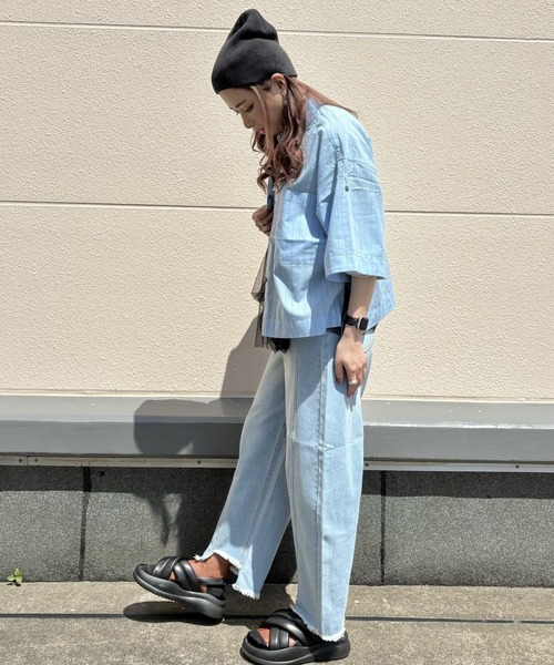 Green　Parks（グリーンパークス）の「綿麻混５分袖ターンバックシャツ（シャツ/ブラウス・レディース・オレンジ/グリーン/ラベンダー/サックスブルー/オフホワイト・FREE）」の8枚目の写真