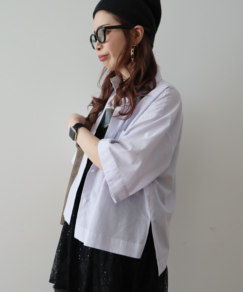 Green　Parks（グリーンパークス）の「綿麻混５分袖ターンバックシャツ（シャツ/ブラウス・レディース・オレンジ/グリーン/ラベンダー/サックスブルー/オフホワイト・FREE）」の10枚目の写真