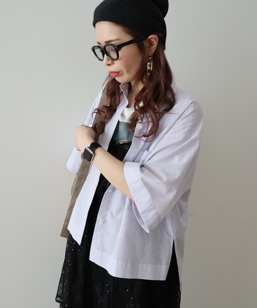 Green　Parks（グリーンパークス）の「綿麻混５分袖ターンバックシャツ（シャツ/ブラウス・レディース・オレンジ/グリーン/ラベンダー/サックスブルー/オフホワイト・FREE）」の9枚目の写真