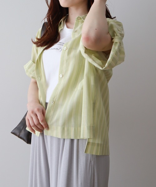 Green　Parks（グリーンパークス）の「綿麻混５分袖ターンバックシャツ（シャツ/ブラウス・レディース・オレンジ/グリーン/ラベンダー/サックスブルー/オフホワイト・FREE）」の11枚目の写真