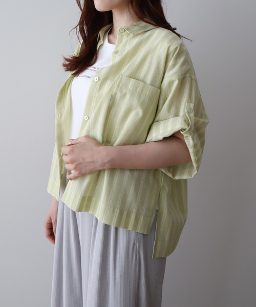 Green　Parks（グリーンパークス）の「綿麻混５分袖ターンバックシャツ（シャツ/ブラウス・レディース・オレンジ/グリーン/ラベンダー/サックスブルー/オフホワイト・FREE）」の12枚目の写真