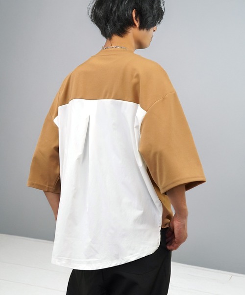 L'atelier(ラトリエ)の「ワイド シャツ切替 Tシャツ ジョーゼット 無地(Tシャツ/カットソー・メンズ・ブラック/ネイビー系/グレー系/ブラウン系・L/LL/M)」の1枚目の写真