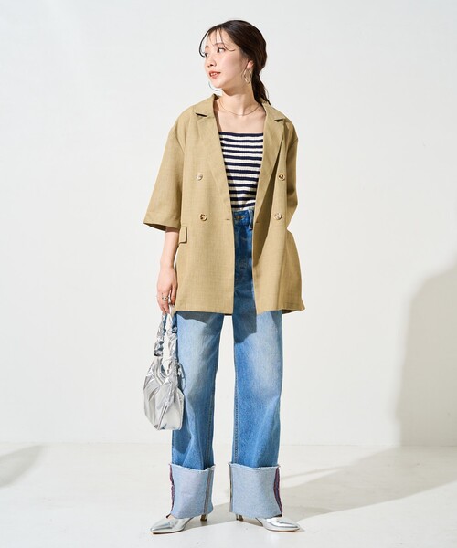 FREAK'S STORE（フリークスストア）の「限定展開　麻調 ダブルテーラード 半袖 ジャケット（テーラードジャケット・レディース・ベージュ/グレー/ブラック・ﾌﾘ-）」の7枚目の写真