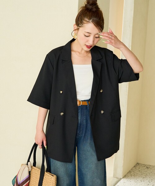 FREAK'S STORE（フリークスストア）の「限定展開　麻調 ダブルテーラード 半袖 ジャケット（テーラードジャケット・レディース・ベージュ/グレー/ブラック・ﾌﾘ-）」の18枚目の写真