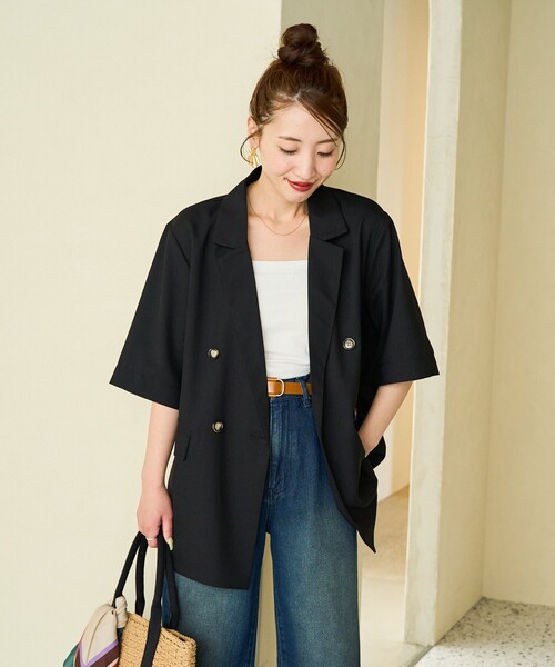 FREAK'S STORE（フリークスストア）の「限定展開　麻調 ダブルテーラード 半袖 ジャケット（テーラードジャケット・レディース・ベージュ/グレー/ブラック・ﾌﾘ-）」の19枚目の写真