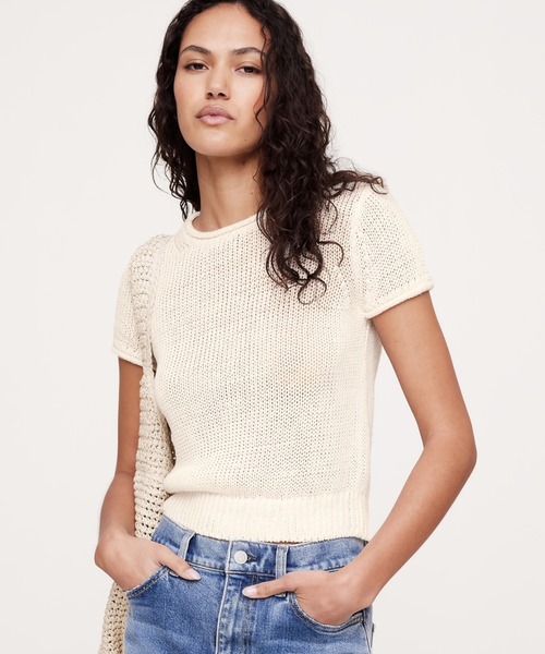 Banana Republic(バナナリパブリック)の「フィッティド リネン ショートスリーブ セーター(ニット/セーター・レディース・アイボリー/ブラック・XS/L/S/M)」の1枚目の写真
