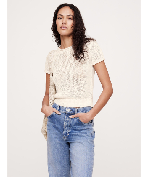 Banana Republic(バナナリパブリック)の「フィッティド リネン ショートスリーブ セーター(ニット/セーター・レディース・アイボリー/ブラック・XS/L/S/M)」の6枚目の写真