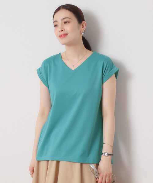 ITS'DEMO（イッツデモ）の「◆【吸水速乾／洗濯機OK／洗濯後しわになりにくい】カットミラノVネックプルオーバー（Tシャツ/カットソー・レディース・ブルーグリーン/オフホワイト/ブラック/サックスブルー/レッド系・00）」の5枚目の写真