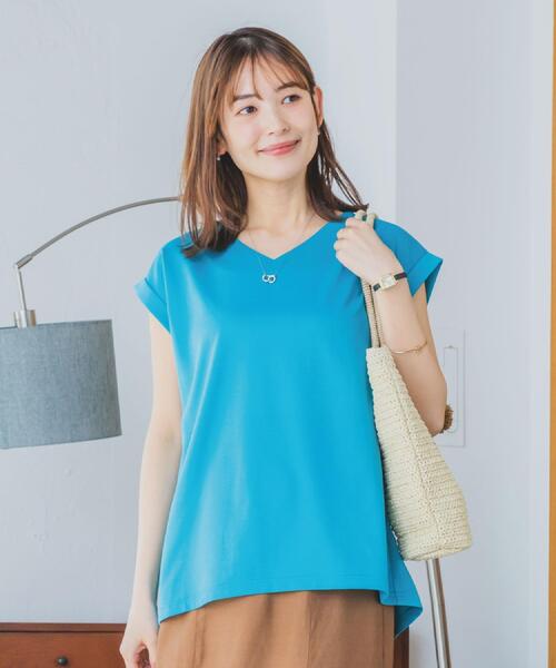 ITS'DEMO（イッツデモ）の「◆【吸水速乾／洗濯機OK／洗濯後しわになりにくい】カットミラノVネックプルオーバー（Tシャツ/カットソー・レディース・ブルーグリーン/オフホワイト/ブラック/サックスブルー/レッド系・00）」の6枚目の写真