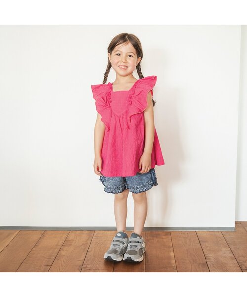 美品　フリル　レッド　ピンク　チュニック　プリーツプリーズ風　綺麗　ノーブランド セール】【ジュニア対応】フリルチュニック（シャツ/ブラウス