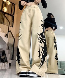 サイドトライバルプリントワイドパンツ