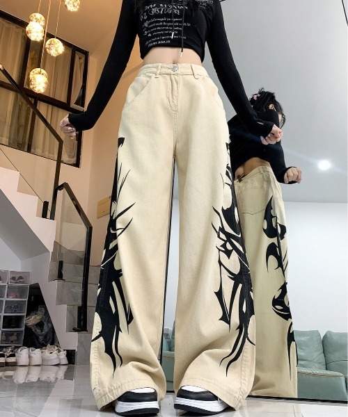 SHEENA(シーナ)の「サイドトライバルプリントワイドパンツ(デニムパンツ・レディース・ベージュ・S/M/L)」の13枚目の写真