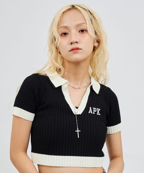 atmos pink（アトモスピンク）の「atmos pink Cheer Rib Knit Polo Shirt / アトモス ピンク チア リブニット ポロシャツ（ニット/セーター・レディース・ホワイト/ブラック/サックスブルー・M/S）」の3枚目の写真