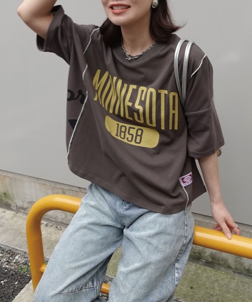 ワッフル切り替えカレッジロゴTシャツ（Tシャツ/カットソー