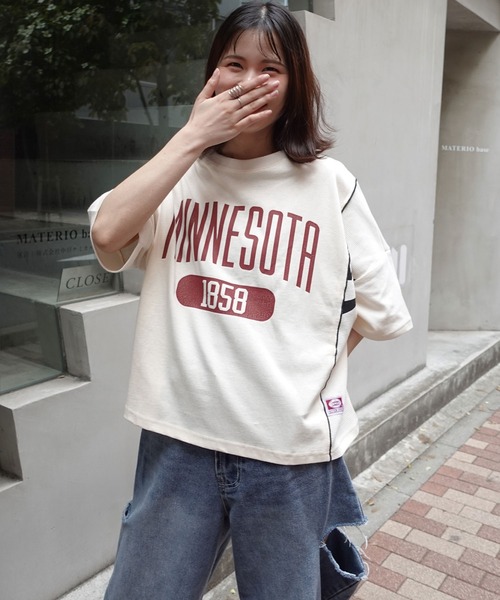 レターロゴ ワッフル Tシャツ 2色 半袖 ルーズ トップス cr9565 RODEO CROWNS WIDE BOWL | ワッフルラグランルーズトップス (T