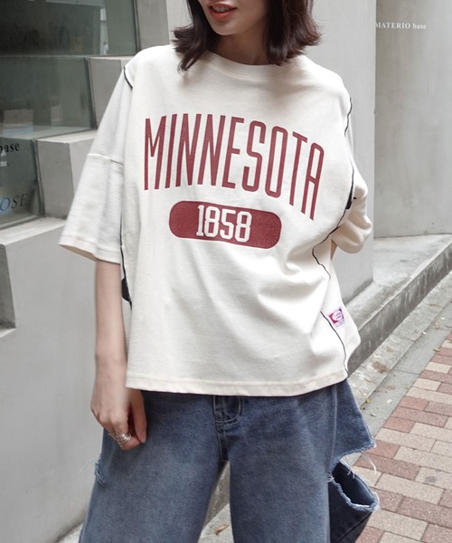 ワッフル切り替えカレッジロゴTシャツ（Tシャツ/カットソー