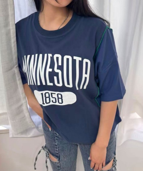 CORNERS(コーナーズ)の「ワッフル切り替えカレッジロゴTシャツ(Tシャツ/カットソー・レディース・ネイビー/アイボリー/チャコール・FREE)」の4枚目の写真
